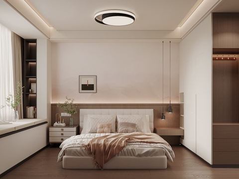 现代意式卧室  衣柜 双人床 飘窗 木饰面背景su模型