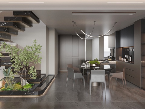  现代意式家居餐厅 轻奢意式餐厅 圆桌餐厅 楼梯景观 黑白灰3d模型 