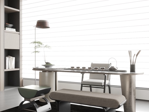 新中式茶桌椅 茶桌椅组合 茶具 落地灯su模型