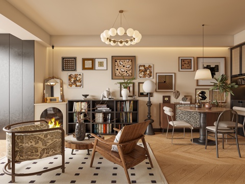  中古风奶油客餐厅3d模型 