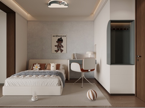 现代男孩卧室  衣柜 双人床 飘窗 木饰面背景su模型