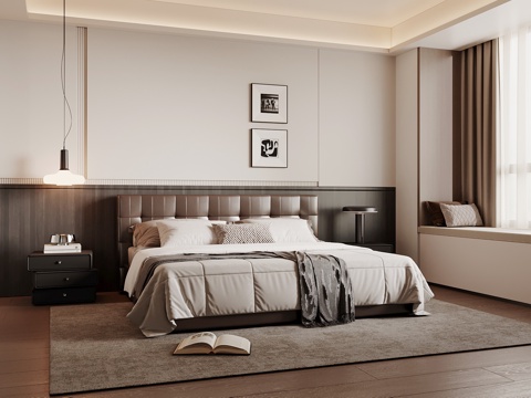 现代意式卧室  衣柜 双人床 飘窗 木饰面背景su模型