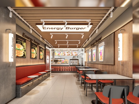 餐厅餐饮卡座 快餐店餐桌椅卡座 前台出餐口收银台 木格栅吊顶su模型