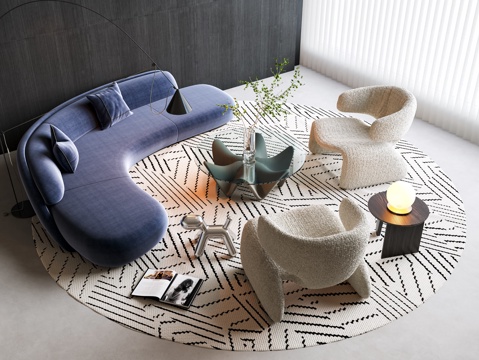 现代弧形沙发茶几组合 蓝色弧形沙发 异型休闲沙发 双人沙发su模型