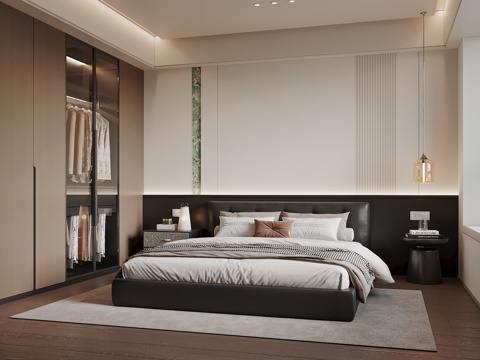 现代意式卧室  衣柜 双人床 飘窗 木饰面背景su模型