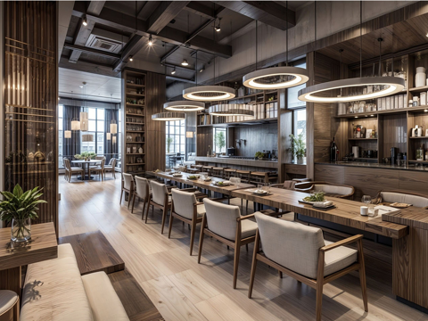 新中式中餐厅 餐桌椅组合 吊灯su模型