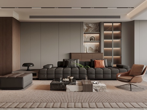 现代意式沙发背景墙 书柜背景墙su模型