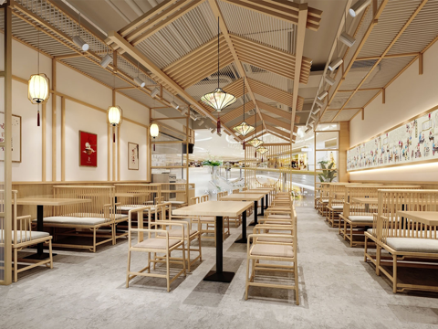 新中式餐饮店 快餐店 餐桌椅组合su模型