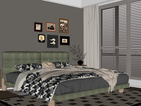 中古复古卧室su模型