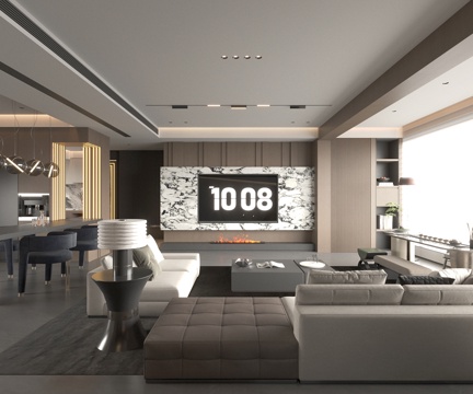 意式轻奢家居客厅 样板间客厅 轻奢客厅 客餐一体设计 大户型su模型