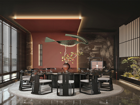 新中式餐饮包厢 酒店包房 桌椅组合su模型