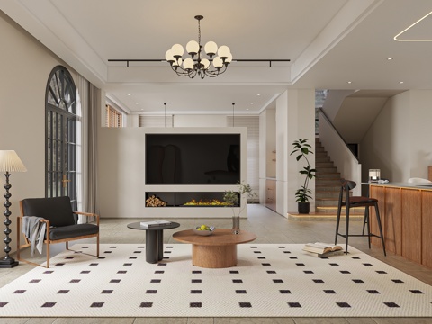  中古风简约客餐厅3d模型 