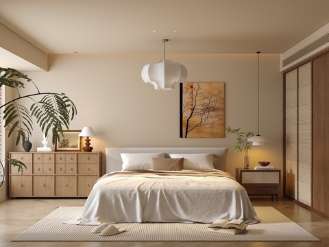 中古侘寂风卧室 双人床组合 床头柜 吊灯 绿植饰品摆件 背景su模型