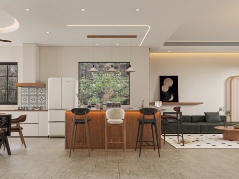  中古风简约客餐厅3d模型 