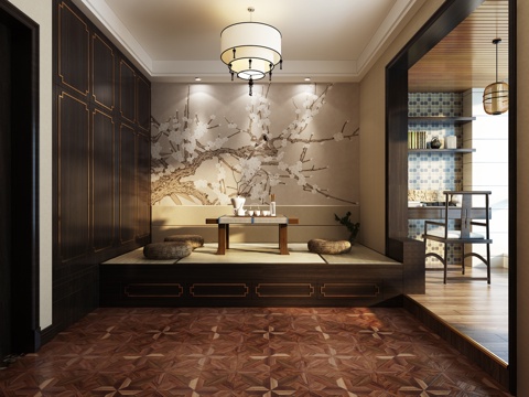  中式卧室阳台3D模型效果图 VR灯光渲染 榻榻米 衣柜3d模型 