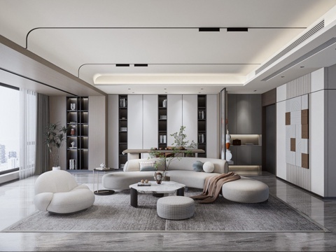 现代简约客厅 弧形沙发 绿植装饰摆件su模型