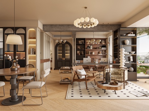  复古中古风客餐厅3d模型 