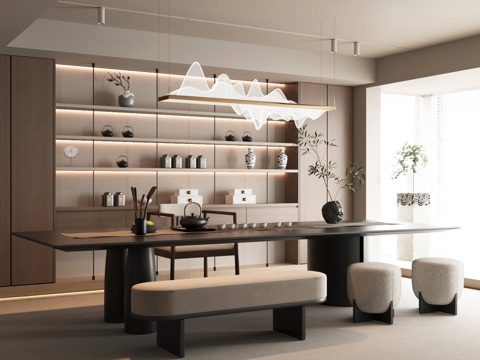 新中式茶室 宋氏美学茶室 品茶区 茶柜 茶桌椅组合 开放茶室su模型