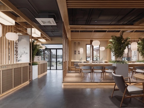 新中式餐厅 餐饮空间 餐桌椅组合su模型