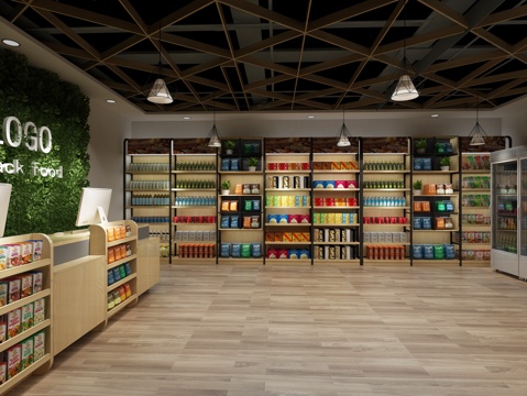  工业风小卖部超市商店冰箱零食饮料商品收银台电脑3d模型 