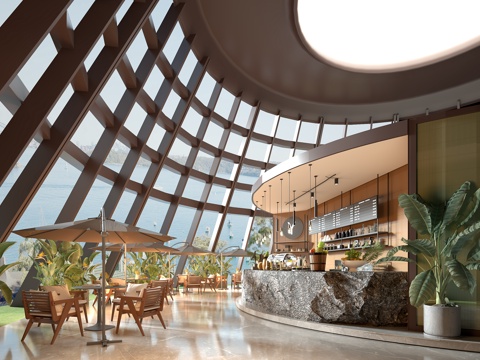 现代咖啡厅 水吧台 度假酒店休闲大厅SU模型su模型