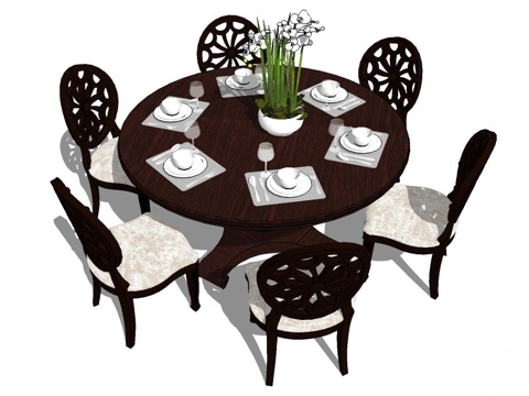 实木桌椅 桌椅 休闲桌椅 圆餐桌椅 浅色桌椅 家用桌椅su模型