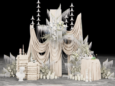 小众造型香槟色布幔婚礼美陈su模型