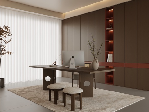 新中式书房 书柜 书桌椅su模型