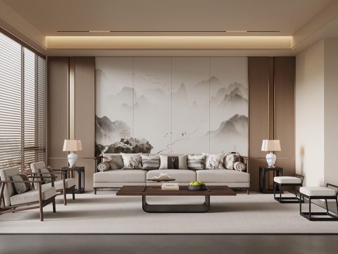 新中式客厅 沙发茶几组合 沙发背景墙su模型