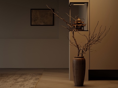 新中式盆栽 枯枝摆件su模型