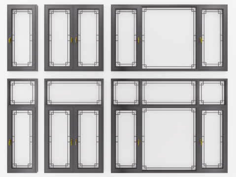 新中式窗户组合 断桥铝合金窗户 平开窗 落地窗 格条雕花窗su模型