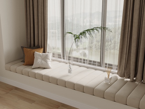 现代飘窗 飘窗坐垫 窗帘 抱枕su模型