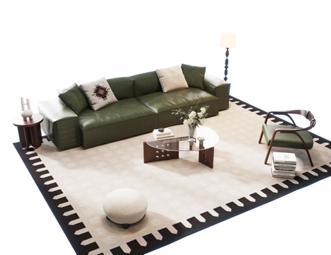 复古沙发茶几组合 多人沙发 直排沙发 皮质沙发 沙发茶几组合su模型