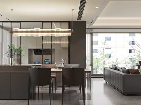  意式餐厅 岛台餐厅 餐厅吊灯 现代餐厅3d模型 