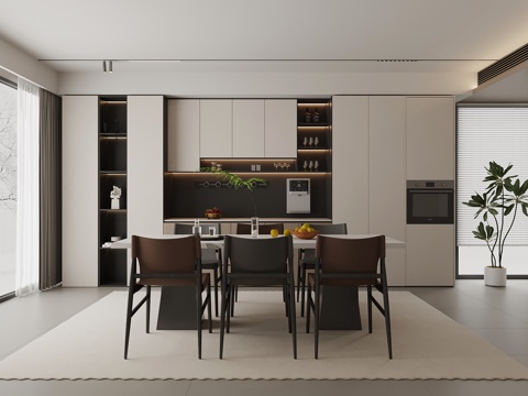 现代餐厅 餐桌椅 酒柜su模型