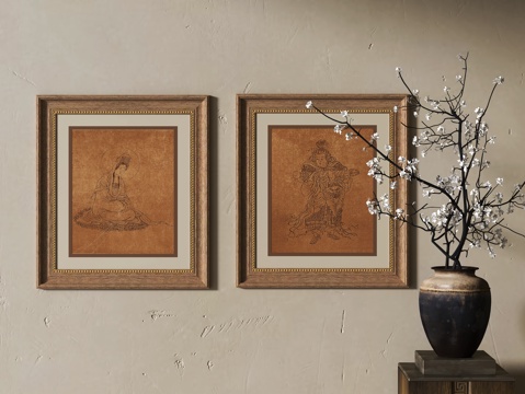 中式装饰挂画 花瓶花艺su模型