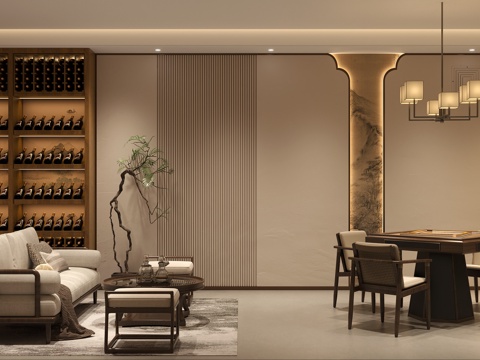 新中式酒窖棋牌室 宋氏品酒室麻将室 宋氏红酒展示柜 宋氏地下su模型