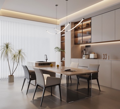 现代餐厅 餐桌椅 酒柜su模型