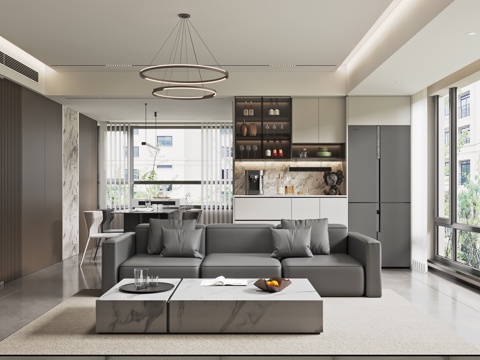  意式客厅  黑皮沙发 茶几 餐厅吊灯 现代酒柜3d模型 