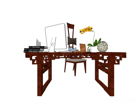 实木办公桌 办公桌 办公su模型