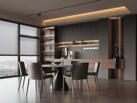 现代意式餐厅 酒柜 餐桌椅su模型