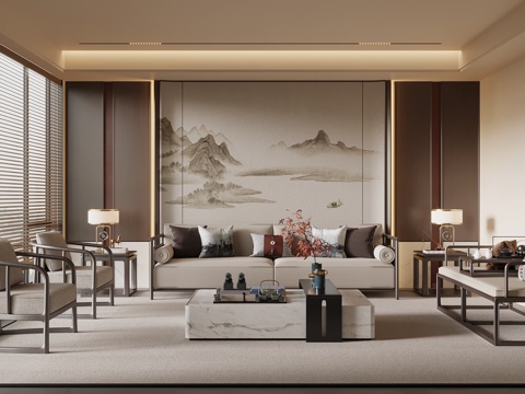 新中式客厅 沙发茶几组合 沙发背景墙su模型