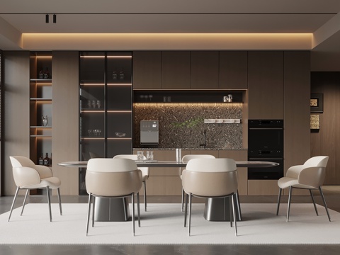 现代意式餐厅 酒柜 餐桌椅su模型