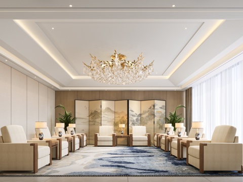 新中式 接待室 会客厅 会议室 接待室沙发 办公接待室su模型