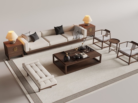 新中式沙发茶几组合su模型