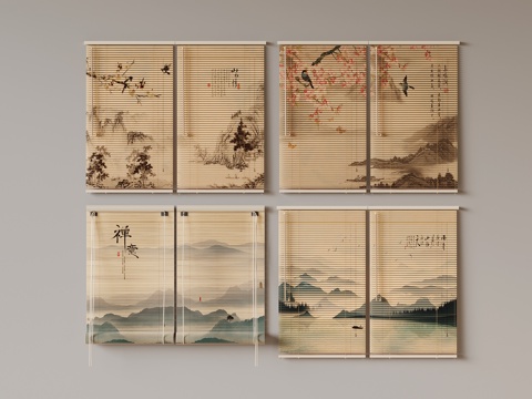 新中式卷帘 竹帘su模型