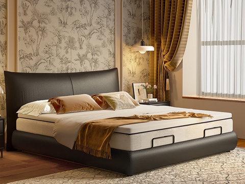  中古风卧室 法式双人床 香奈儿床 复古风床 双人床 黑色床3d模型 