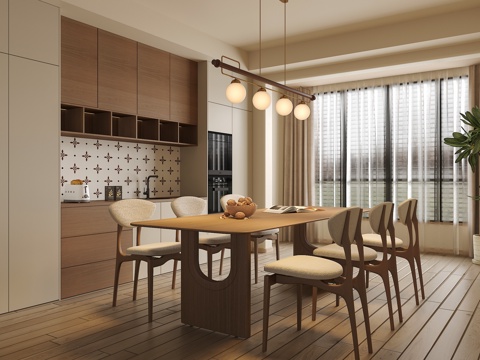 中古侘寂风餐厅 餐桌椅组合 餐边柜 吊灯 绿植摆件su模型