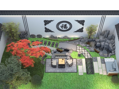 新中式 鸟瞰庭院景观  庭院景观 休闲庭院 花园3d模型 