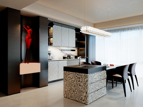  意式现代餐厅 餐桌椅 意式餐边柜 岛台餐厅3d模型 